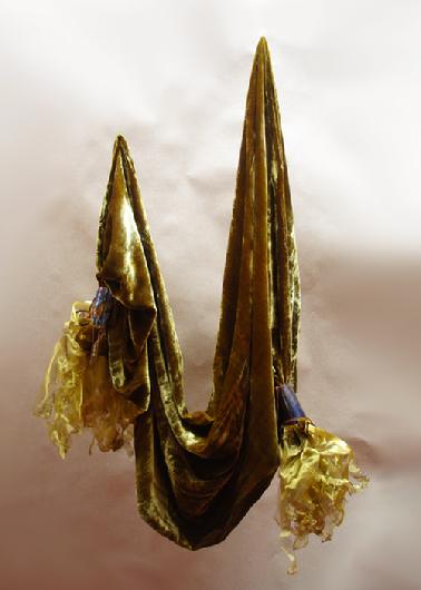 Velvet shawl with gossamer organza fringe and hammered copper end ties