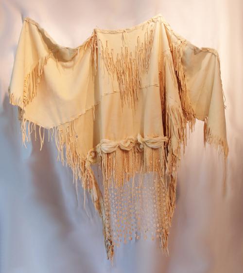French Victorian Shawl, deer suede, antique lace