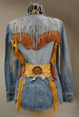 denim, metal coins, silk velvet, deer leather jacket