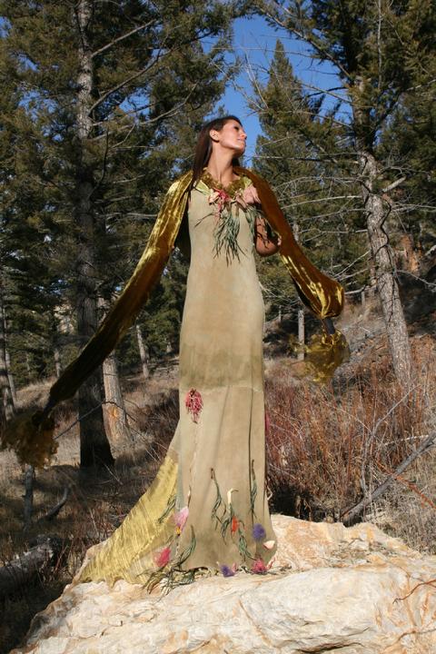 Deer suede, hand laced with leather hand made flowers on gown