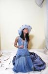 hand laced deer, denim, and silk brocade dress